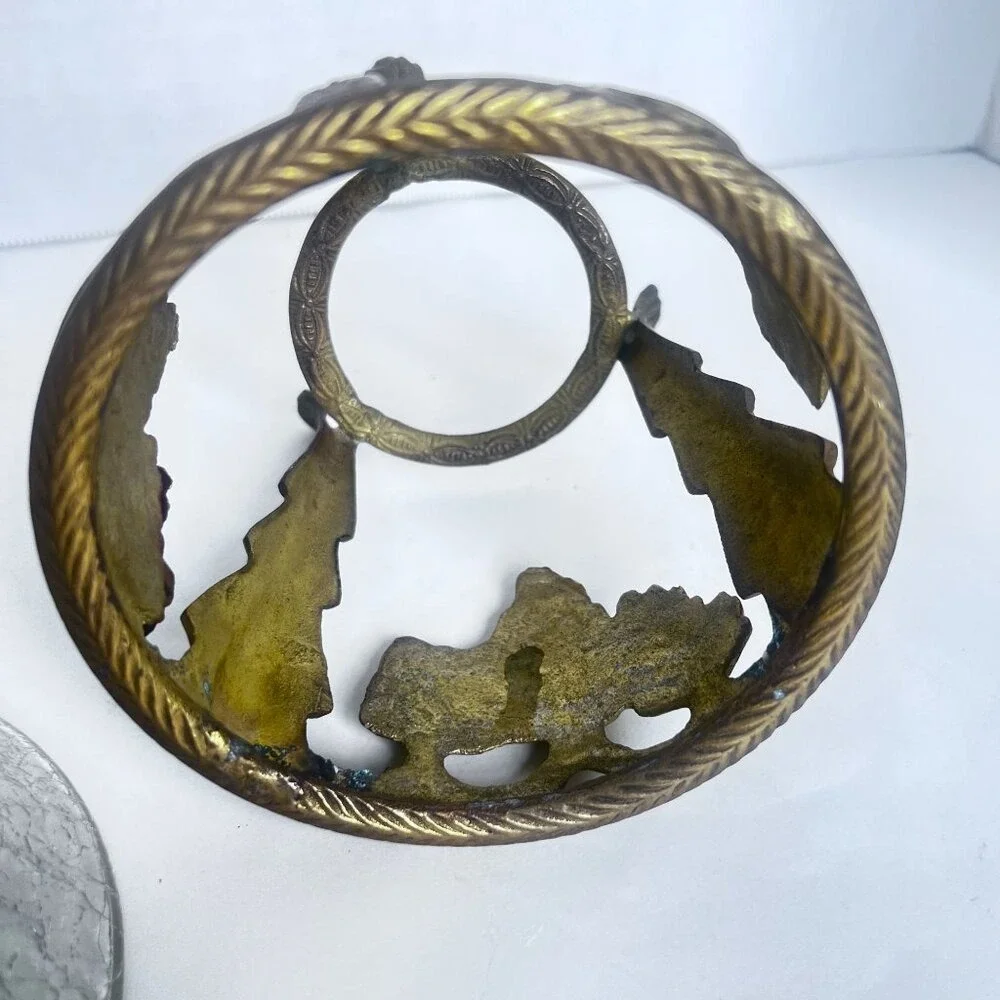 Vtg Brass Crackle Glass Candle‎ Holder Vase Compote Bowl Grape Motif Design **
